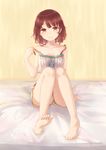  atelier_(series) atelier_sophie barefoot blush_stickers breasts brown_eyes brown_hair camisole character_print cleavage closed_mouth collarbone eyebrows_visible_through_hair feet full_body head_tilt highres knees_together_feet_apart looking_at_viewer maka_neko medium_breasts panties puni_(atelier) shorts sitting smile solid_oval_eyes solo sophie_neuenmuller strap_pull underwear white_panties yellow_shorts 