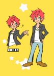  1boy ;d ahi_tb black_jacket chain chains character_name denim gold_chain hand_on_hip harryham_harry hugtto!_precure jacket jeans male_focus one_eye_closed open_mouth pants parody pop&#039;n_music precure red_hair simple_background smile solo style_parody yellow_background 