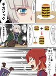  anger_vein bangs big_mac blue_eyes blunt_bangs boots braid brown_footwear brown_gloves cheese clenched_hand comic earrings flying_sweatdrops food gloves hamaguri_(hamaguri1234) hamburger jewelry lettuce long_hair mcdonald's meteora_osterreich multiple_girls open_mouth profile re:creators red_hair selesia_upitiria short_hair silver_hair translation_request 