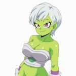  10s 1girl animated animated_gif areolae armor bocodamondo bodysuit breasts chirai dragon_ball dragon_ball_super female flashing gloves green_skin hips impossible_bodysuit impossible_clothes looking_at_viewer medium_breasts nipples purple_eyes shiny shiny_skin short_hair smile solo white_hair 