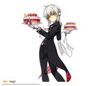  april_fools black_pants cake copyright_name elsword eve_(elsword) food formal gloves hair_ornament highres holding holding_food long_hair looking_at_viewer looking_back pants ponytail ress silver_hair simple_background solo standing striped vertical-striped_pants vertical_stripes white_background white_gloves yellow_eyes 