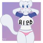  anthro big_breasts bikini bittersweet_candy_bowl blue_eyes blush breasts cat clothed clothing dawnvula english_text feline female fur lucy&#039;s_mom_(bcb) mammal mega_milk meme mother panties parent shirt simple_background smile solo standing swimsuit text underwear white_fur wide_hips 
