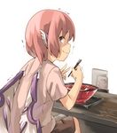  alternate_costume animal_ears back bad_id bad_pixiv_id bird_wings casual contemporary eating food from_behind looking_at_viewer looking_back muchi_maro mystia_lorelei pink_hair solo tearing_up tears touhou trembling wings yakitori zipper 