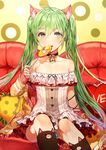  ahoge animal_ears bell bell_collar candy cat_ears collar couch cushion eating food green_eyes green_hair hatsune_miku jingle_bell kim_eb kneehighs lollipop long_hair panties sitting solo striped striped_panties twintails underwear vocaloid 