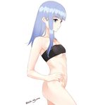  bandeau bangs bare_shoulders blue_eyes blue_hair blunt_bangs bottomless breasts closed_mouth commentary_request eyebrows_visible_through_hair from_side hand_on_hip hatsukaze_(kantai_collection) kantai_collection long_hair sidelocks simple_background small_breasts solo standing straight_hair strapless touyama_eight twitter_username underboob white_background 