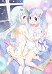  absurdres aqua_eyes balloon bangs bare_legs barefoot blue_eyes blush bow clenched_hand collarbone commentary_request couch crossover cushion dated door eromanga_sensei flat_chest frills from_behind gochuumon_wa_usagi_desu_ka? hair_between_eyes hair_bow hair_ornament hairclip heart heart_print highres hood hooded_jacket indoors izumi_sagiri jacket kafuu_chino kneeling lavender_hair lavender_jacket light_blue_hair long_hair long_sleeves look-alike looking_at_viewer low-tied_long_hair multiple_girls neki_(wakiko) night nightgown no_panties on_couch open_mouth pajamas parted_lips pink_bow sidelocks silver_hair sitting sky smile sparkle star star_(sky) starry_sky string_bikini striped striped_bow stuffed_animal stuffed_bunny stuffed_toy twitter_username unicorn very_long_hair wall window wooden_floor x_hair_ornament 