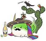  beer blush bottle bow cactus commentary corona_(brand) ex-keine facial_hair food fruit hat horn_bow horns kamishirasawa_keine kamishirasawa_keine_(hakutaku) lime_(fruit) mefomefo mexican mustache no_humans prickly_pear_cactus product_placement pun scarf shameimaru_aya shameimaru_aya_(crow) simple_background solid_circle_eyes solo sombrero sukusuku_hakutaku tail tokin_hat touhou 