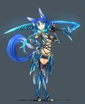  animal_ears armor bad_id bad_pixiv_id blue_eyes blue_hair breasts fox_ears fox_tail ganesagi gauntlets greaves grin halter_top halterneck hand_on_hip highres medium_breasts original pose shadow short_shorts shorts simple_background smile solo tail thighhighs underboob weapon 