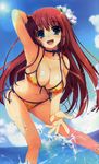  absurdres bikini blue_eyes blush breasts cleavage detexted front-tie_top hands highres large_breasts leaning_forward lens_flare long_hair open_mouth original red_hair side-tie_bikini smile solo string_bikini swimsuit third-party_edit tomose_shunsaku water 