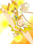  agahat blonde_hair bow choker cure_sunshine hair_ribbon heart heartcatch_precure! highres kicking long_hair magical_girl midriff myoudouin_itsuki navel orange_choker precure ribbon skirt solo twintails very_long_hair yellow yellow_background yellow_bow yellow_eyes yellow_skirt 