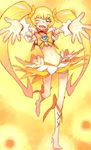  blonde_hair boots bow choker cure_sunshine heartcatch_precure! highres hijiri_rei knee_boots long_hair magical_girl myoudouin_itsuki orange_bow orange_choker orange_skirt outstretched_hand precure skirt solo standing standing_on_one_leg twintails very_long_hair yellow yellow_background yellow_eyes 