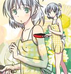  :o apron bapio collarbone flat_chest flower frying_pan green_eyes naked_apron no_bra plaid sanya_v_litvyak short_hair side_ponytail silver_hair solo strike_witches world_witches_series zoom_layer 