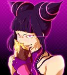 bare_shoulders drill_hair fingerless_gloves food gloves glowing glowing_eye halter_top halterneck han_juri just_as_planned jy0bung licking nail_polish pink_nails potato purple_eyes spikes street_fighter street_fighter_iv_(series) sweet_potato twin_drills 
