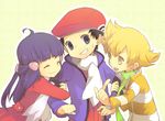  2boys alternate_costume arm_grab black_hair blonde_hair blue_eyes blue_hair coat green_scarf hat hikari_(pokemon) jun_(pokemon) kouki_(pokemon) multiple_boys pokemon pokemon_(game) pokemon_dppt pokemon_platinum scarf sweatdrop white_scarf winter_clothes yellow_eyes yoyterra 