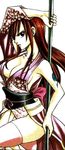  breasts brown_eyes cleavage erza_scarlet fairy_tail large_breasts mashima_hiro red_hair sideboob solo tattoo thighhighs thighs 