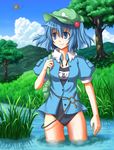  blue_eyes blue_hair bluepony grass hair_bobbles hair_ornament hat kawashiro_nitori key name_tag nature no_pants one-piece_swimsuit pyonta river school_swimsuit smile solo swimsuit swimsuit_under_clothes touhou tree twintails two_side_up wading water 