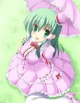  bad_id bad_pixiv_id breast_hold breasts colorized dress green_eyes green_hair hat highres kochiya_sanae large_breasts lolita_fashion long_hair mini_hat mini_top_hat pantyhose runa7 solo top_hat touhou umbrella white_legwear 