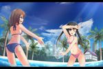  beach beach_house bikini black_hair brown_eyes brown_hair day hirasawa_yui k-on! long_hair multiple_girls nakano_azusa nekomushi one_eye_closed palm_tree polka_dot polka_dot_bikini polka_dot_swimsuit short_hair side-tie_bikini splashing swimsuit tree twintails 