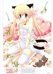  absurdres animal_ears bed bell bell_collar blonde_hair blue_eyes cat cat_ears cat_tail collar copyright_request flat_chest frilled_pillow frills heart heart_pillow highres lingerie nekoneko pillow ribbon solo strap_slip tail tail_ribbon thighhighs tongue twintails underwear 