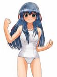  bad_id bad_pixiv_id bangs blue_hair blush breasts clenched_hand closed_mouth collarbone cowboy_shot eyebrows_visible_through_hair galaxy_angel green_eyes hair_ribbon hand_up karasuma_chitose long_hair looking_at_viewer medium_breasts nyama one-piece_swimsuit outstretched_hand red_ribbon ribbon school_swimsuit sidelocks simple_background smile solo swimsuit white_background white_school_swimsuit white_swimsuit 