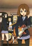  absurdres akiyama_mio arm_up black_eyes black_hair blonde_hair blue_eyes brown_eyes brown_hair drum drumsticks guitar highres hirasawa_yui instrument k-on! keyboard_(instrument) kotobuki_tsumugi long_hair multiple_girls non-web_source open_mouth pantyhose round_teeth school_uniform socks tainaka_ritsu teeth very_long_hair 