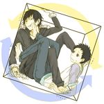  bad_id bad_pixiv_id barefoot black_hair cube durarara!! jacket jewelry lowres multiple_boys nokizaki orihara_izaya ring ryuugamine_mikado sweatdrop 