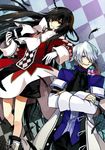  1girl alice_(pandora_hearts) black_hair blue_eyes boots bow checkered coat couple cravat doll emily_(pandora_hearts) feathers gloves hair_over_one_eye hetero long_hair long_sleeves pandora_hearts red_eyes short_hair silver_hair starshadowmagician white_gloves xerxes_break 