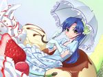  blue_hair brown_eyes cherry dessert dress food fruit gloves ice_cream idolmaster idolmaster_(classic) in_food kisaragi_chihaya long_hair maru_(sara_duke) minigirl ponytail pudding solo strawberry umbrella whipped_cream 