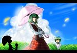  antennae bad_id bad_pixiv_id cloud day grass green_hair kazami_yuuka letterboxed multiple_girls parasol petals plaid plaid_skirt plaid_vest red_eyes short_hair silhouette skirt skirt_set sky space_jin staring touhou umbrella vest wriggle_nightbug 