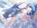  ass back blue_eyes blue_hair from_behind game_cg hair_intakes hiiro_yuki kneeling leaning_forward looking_back one-piece_swimsuit open_mouth school_swimsuit sena_shiori shadow shiny shiny_clothes short_hair solo swimsuit trefoil wading water wet yuuguu_settai 