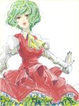  ascot bad_id bad_pixiv_id butiko dress green_hair kazami_yuuka lips lipstick makeup nail_polish outstretched_arms parted_lips puffy_sleeves red_eyes simple_background solo spread_arms touhou white_background 