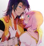  1girl armor bad_id bad_pixiv_id black_hair caress couple estellise_sidos_heurassein eye_contact gloves green_eyes hand_on_another's_chest hetero koku_666 looking_at_another pink_hair schwann_oltorain short_hair surcoat tales_of_(series) tales_of_vesperia white_background white_gloves wrist_grab 