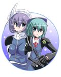  advent_cirno blue_eyes blue_hair breasts cirno green_eyes keroro kuraryu letty_whiterock long_sleeves looking_at_viewer medium_breasts multiple_girls short_hair simple_background taut_clothes touhou upper_body white_background 
