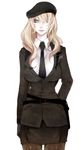  beret blonde_hair blue_eyes breasts gloves hair_over_one_eye hat highres large_breasts lips long_hair military military_uniform necktie nicole_pmonachi original pantyhose smile solo uniform 