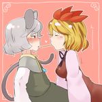  animal_ears blonde_hair blush closed_eyes food grey_hair hair_ornament jewelry leaning_forward masha md5_mismatch mouse_ears mouse_tail multiple_girls nazrin pendant pocky pocky_kiss red_eyes shared_food short_hair tail toramaru_shou touhou yuri 