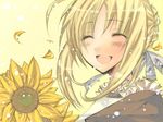  artoria_pendragon_(all) blonde_hair casual fate/stay_night fate_(series) flower happy saber smile solo sunflower yuuri_(114916) 