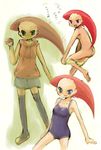  alternate_costume bad_id bad_pixiv_id barefoot forehead hair_slicked_back highres multiple_views musashi_(pokemon) nude one-piece_swimsuit poke_ball pokemon pokemon_(anime) senkawa sketch swimsuit thighhighs undressing younger 