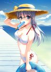  bikini blue_eyes breasts clannad cleavage food glasses hat long_hair medium_breasts popsicle sakagami_tomoyo silver_hair solo straw_hat swimsuit xiaojing 