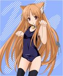  animal_ears bell brown_eyes brown_hair cat_ears cat_tail highres jingle_bell lmo long_hair one-piece_swimsuit original paw_pose school_swimsuit solo swimsuit tail thighhighs 