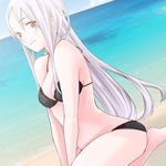  albino bad_id bad_pixiv_id barefoot bikini breasts colorized day dutch_angle kanzaki_yuki kneeling medium_breasts original outdoors red_eyes solo swimsuit white_hair 