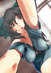  alternate_costume armpits bad_id bad_pixiv_id black_hair bow breasts casual cleavage contemporary eyes face foreshortening hair_bow highres impossible_clothes impossible_shirt kirisato_itsuki large_breasts lips long_hair perspective red_eyes reiuji_utsuho shirt solo touhou 