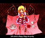  ascot bad_id bad_pixiv_id blonde_hair blush bow cake flandre_scarlet food red_eyes sayuma short_hair side_ponytail sitting smile solo tea thighhighs touhou vampire wings 