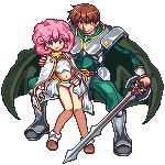  1girl armor full_body lowres midriff navel niino pink_hair pixel_art rance rance_(series) sill_plain sprites sword transparent_background weapon 