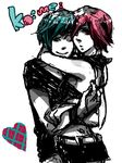  1girl ayumuta blue_hair couple heart hetero hug kaito meiko one_eye_closed pink_hair short_hair tegaki vocaloid 