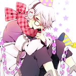  boots glasses hair_over_one_eye hat male_focus one_eye_closed pandora_hearts paper_chain party_hat plaid plaid_scarf red_eyes sanae_(mfn00) scarf silver_hair sitting solo xerxes_break 