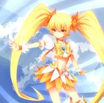  blonde_hair blue_background bow choker cure_sunshine dextral hair_ribbon heart heartcatch_precure! long_hair magical_girl midriff myoudouin_itsuki navel orange_choker orange_skirt precure ribbon skirt smile solo twintails very_long_hair yellow_bow yellow_eyes 