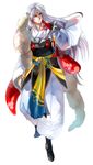  armor grey_hair hexagon inuyasha japanese_clothes long_hair male_focus pointy_ears sesshoumaru simple_background solo sword weapon white_background yellow_eyes yomirane 