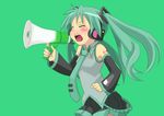  bare_shoulders blush closed_eyes cosplay detached_sleeves dorinko frown green_background green_hair hatsune_miku hatsune_miku_(cosplay) headphones headset hiiragi_kagami long_hair lucky_star megaphone microphone necktie open_mouth pleated_skirt shouting simple_background skirt solo twintails vocaloid 