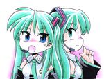  bad_id bad_pixiv_id bare_shoulders blue_eyes blush cosplay detached_sleeves frills green_eyes green_hair hatsune_miku hatsune_miku_(cosplay) headset hiiragi_kagami long_hair lucky_star microphone multiple_girls necktie norio_(459factory) open_mouth pointing profile simple_background smile traditional_media tsurime twintails vocaloid 