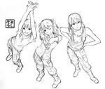  :d arms_up breasts cleavage finger_gun flat_chest graphite_(medium) greyscale hair_ribbon hands_on_hips kazumiya_rio long_hair military military_uniform monochrome multiple_girls one_eye_closed open_mouth ribbon shirt short_hair sketch smile sora_no_woto sorami_kanata suminoya_kureha tank_top traditional_media twintails uniform yoshikawa_kazunori 